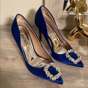 Badgley Mischka Blue Velvet Heels with Crystal Brooch